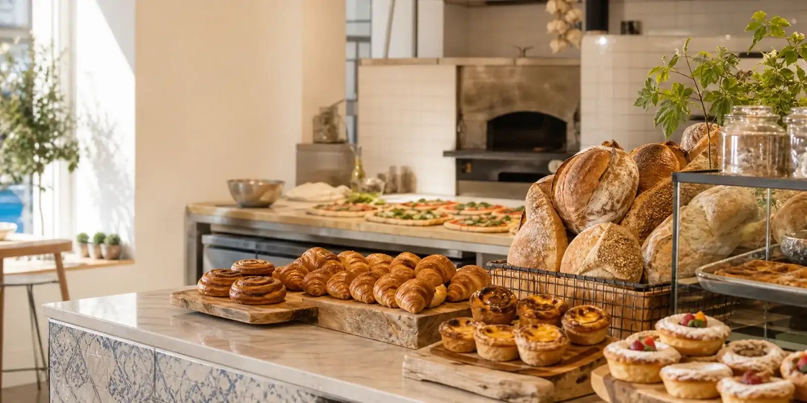 Balcão da A Padaria da Tina na Amadora com pães artesanais, croissants e pizzas em preparação